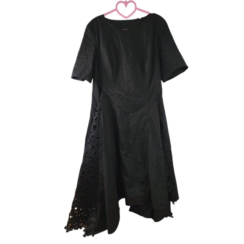 Paskal Women's Medium Black Laser-Cut Butterfly Black Asymmetrical Midi Dress